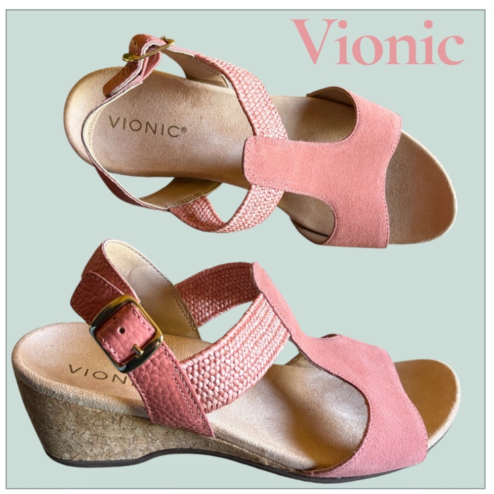 Vionic Pink Kaytie Suede Wedge Sandals. Size 10. So comfortable New without box!